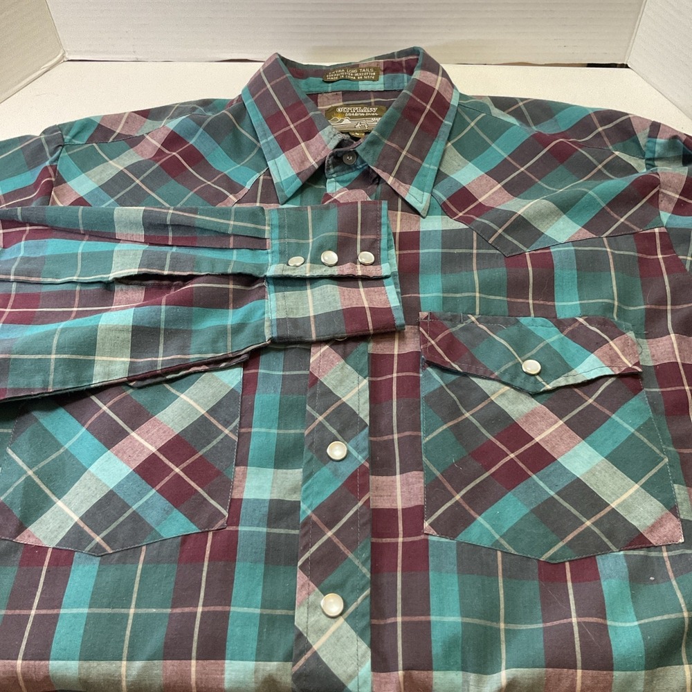 VTG Men's Outlaw Western Wear Plaid Long Sleeve Shirt Pearl Snaps Long Tails Lg‎